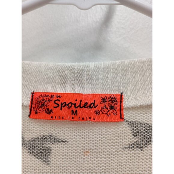 Spoiled Womens Bow Print Cardigan Medium Cream Black Lace trim Zip Up Preppy - Picture 5 of 9